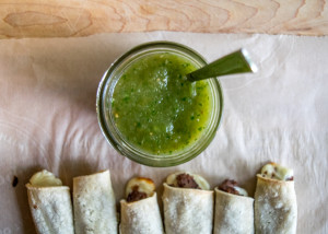 rescued salsa verde with bean cheese taquitos