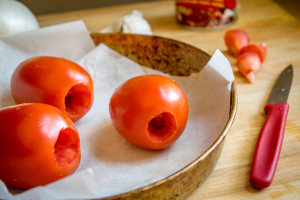 tomatoes roasting for salsa and huevos rancheros