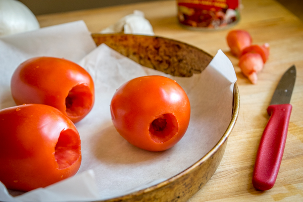 tomatoes roasting for salsa and huevos rancheros