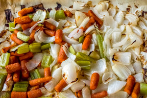 vegetables for vegetable stock after roasting closeup