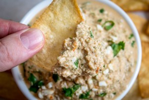 pumpkinseed dip with tortilla chip left side