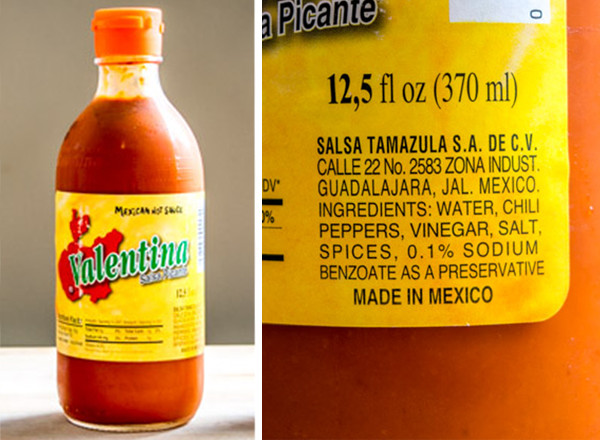 valentina hot sauce bottle and ingredients