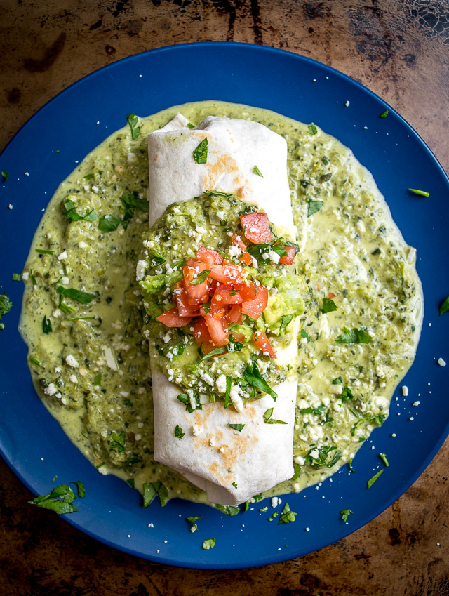 wet poblano burrito  — chicken burrito with creamy poblano sauce