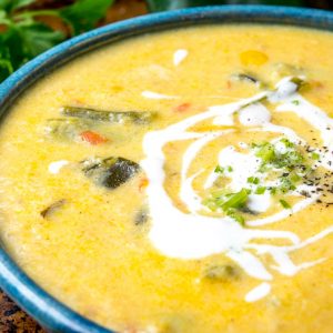 This Corn and Poblano Soup has a perfect balance between the corn and the roasted poblanos. A drizzle of cream and a final dash of acidity turn it into a keeper! mexicanplease.com