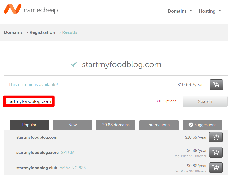 start my food blog domain registration annotated