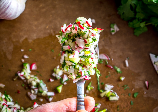 Cucumber Radish Salsa on a spoon!