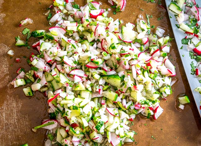 Finely diced Cucumber Radish Salsa