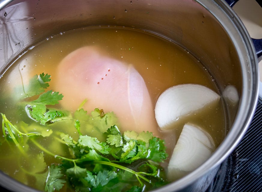 Cooking chicken breasts for Pozole Verde