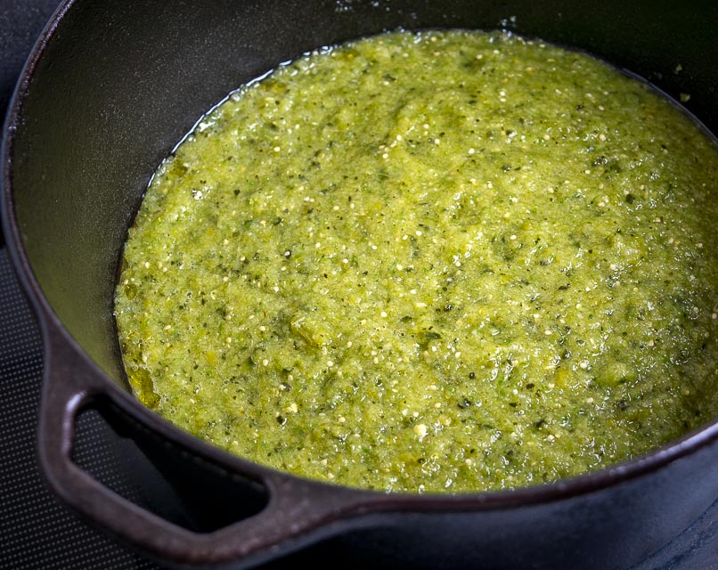 Cooking green sauce in oil for Pozole Verde