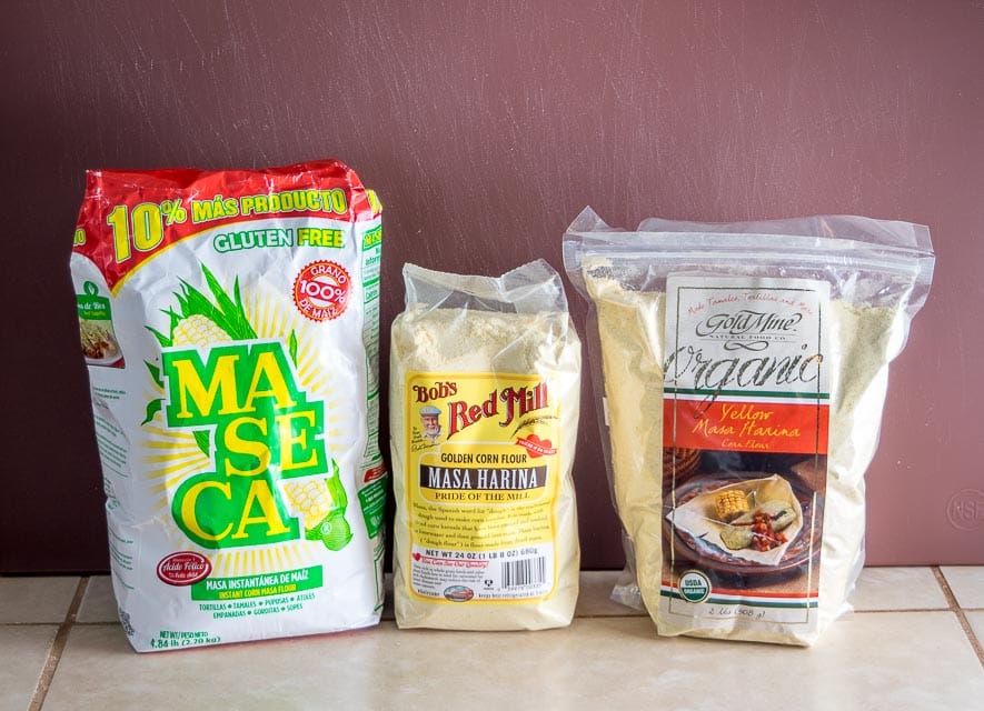 Maseca, Bob's Red Mill, and Gold Mine masa harina comparison.