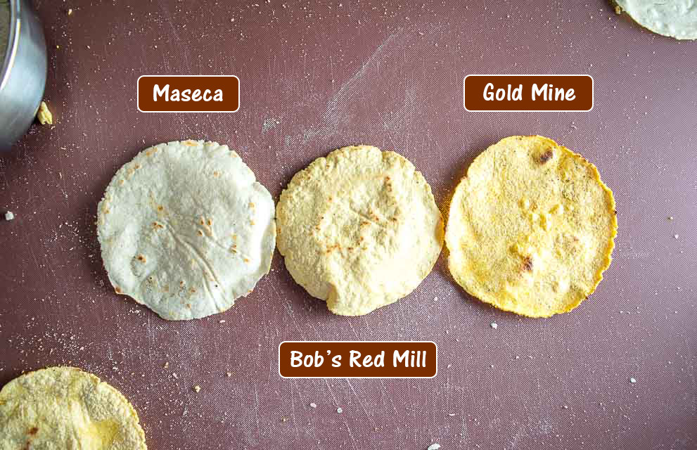 Maseca, Bob's Red Mill, and Gold Mine Masa Harina tortillas.