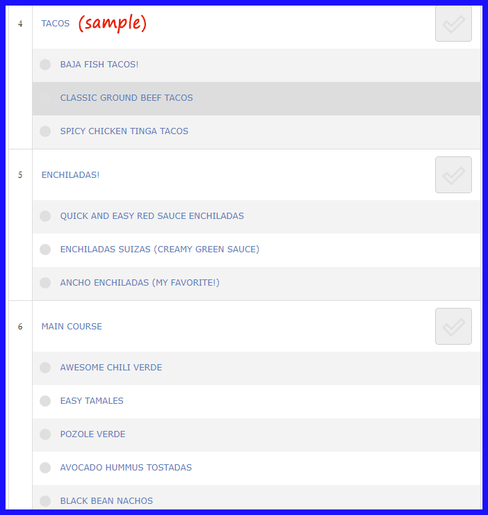 Cooking Course content table.