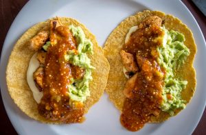 Two chicken tacos with guacamole, cheese and salsa.
