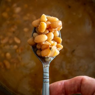 Spoonful of Mayocoba beans after cooking for two hours.