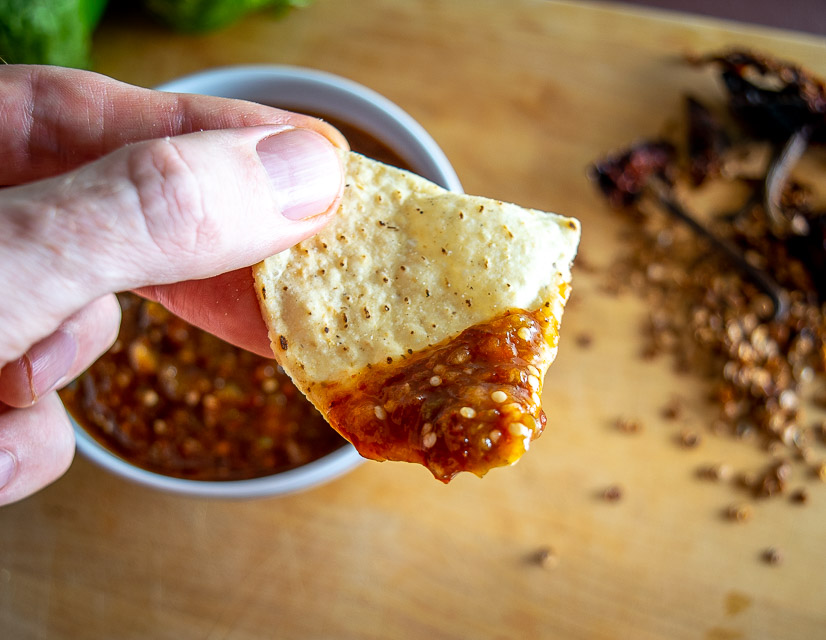 Taking a bite of Pasilla de Oaxaca Salsa