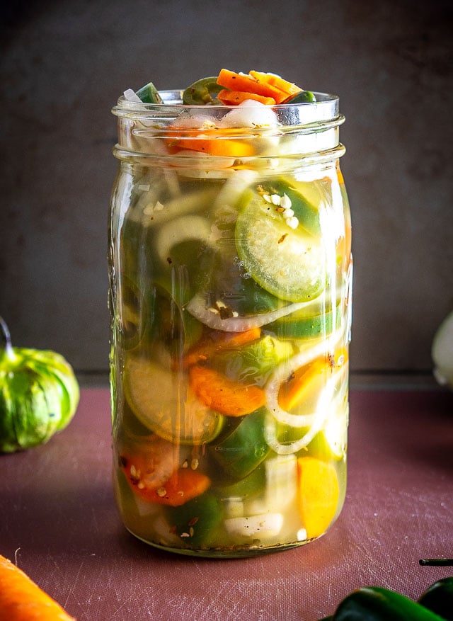 Here's my recipe for a batch of Pickled Everything -- jalapenos, carrots, onions, and tomatillos. Yes, tomatillos! mexicanplease.com