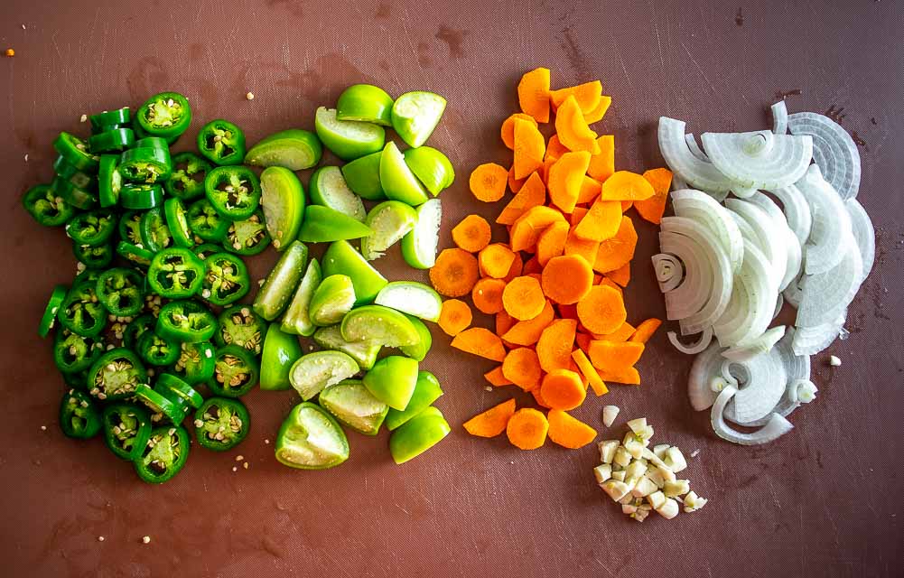 Jalapenos and tomatillos chopped up. 