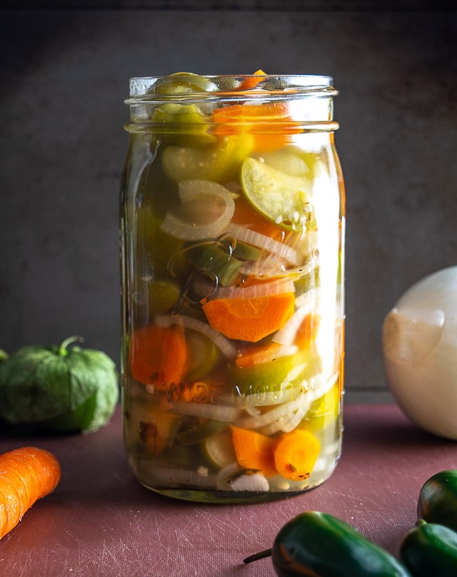Here's my recipe for a batch of Pickled Everything -- jalapenos, carrots, onions, and tomatillos. Yes, tomatillos! mexicanplease.com
