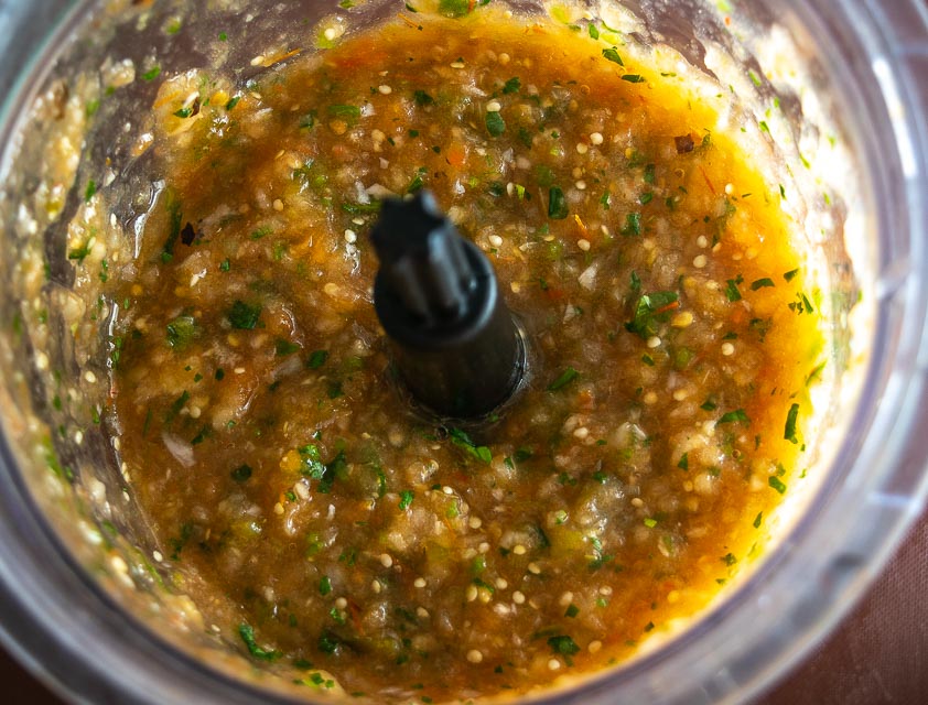 Tomato and Tomatillo Salsa after blending