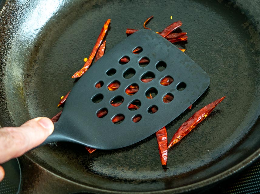 Flash roasting dried chiles in dry skillet