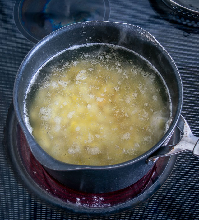 Parboil potatoes for Papas con Chorizo