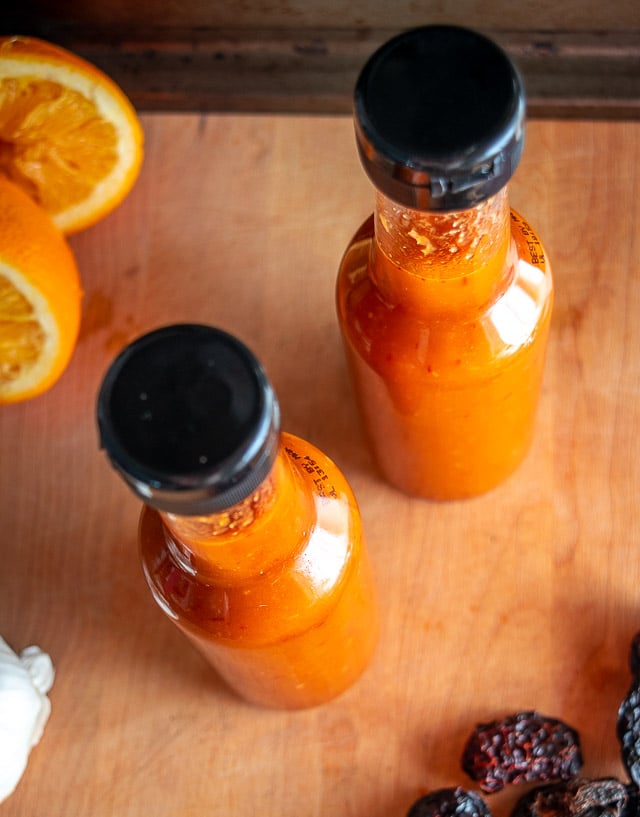 Two bottles of homemade hot sauce