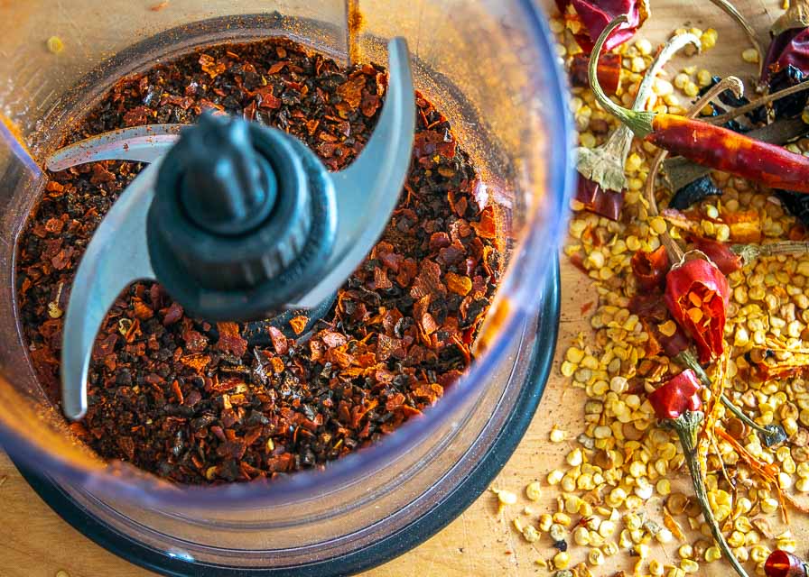 Grinding dried chilis in a food processor