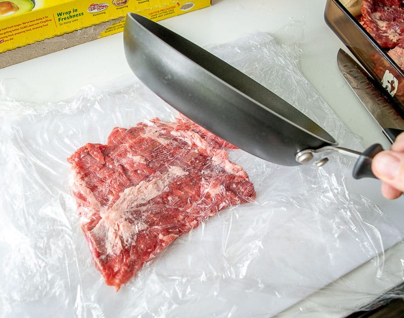 Pounding out skirt steak to 1/4" thickness