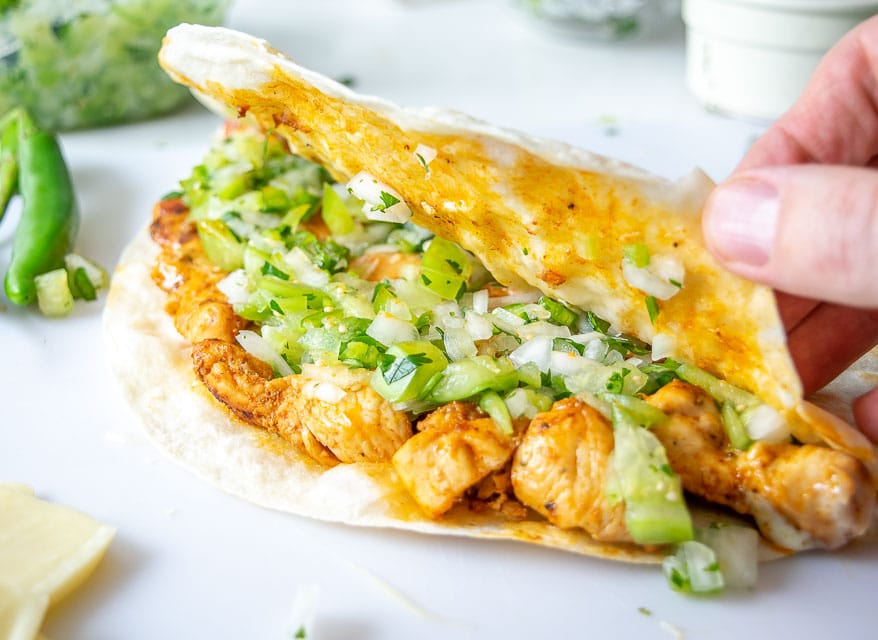 Adding Tomatillo Pico de Gallo to chicken quesadillas