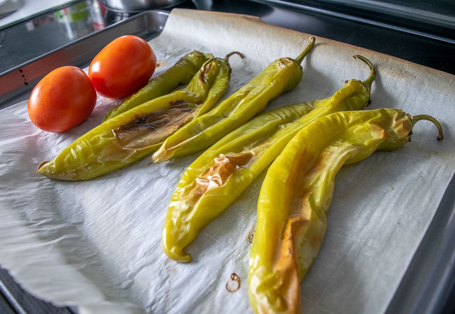 Closeup of skin on roasted Hatch chiles