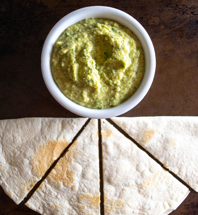 Serving Jalapeno Hummus with a cheese quesadilla