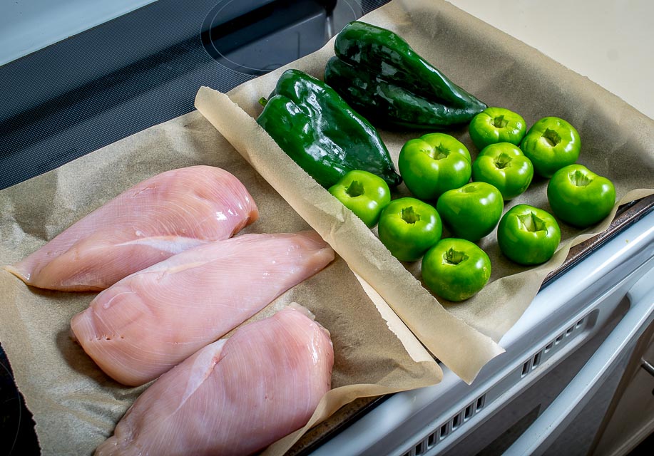 Roasting poblanos and tomatillos in the oven at 400F