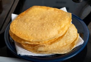 Stack of corn tortillas after frying