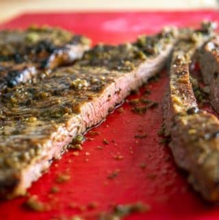 Closeup of Carne Asada after cooking in cast iron pan