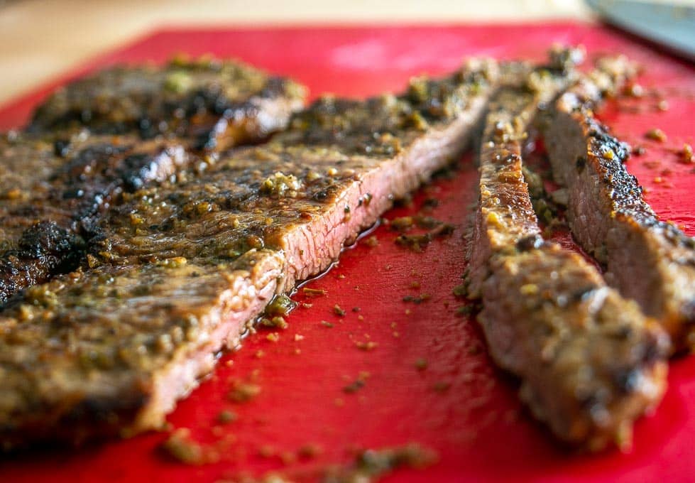 Closeup of Carne Asada after cooking in cast iron pan