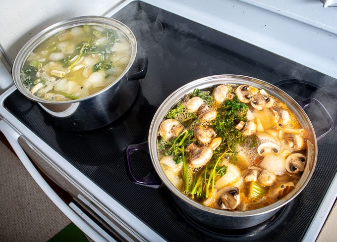 Two single gallon pots cooking different vegetable stocks