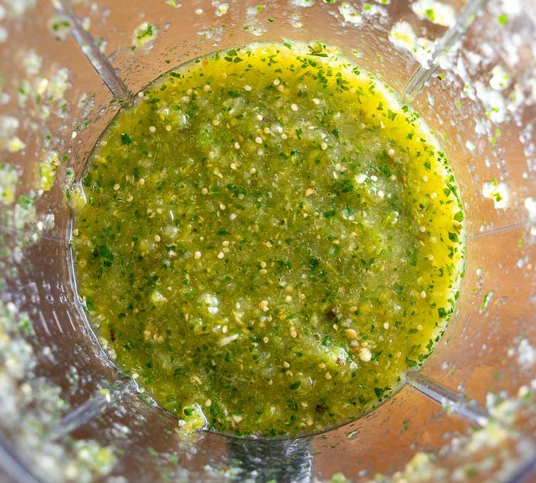 Green sauce ingredients after blending