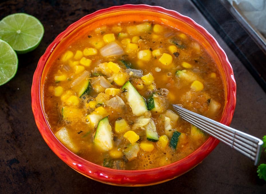 It's easy to turn Calabacitas into a lip-smacking soup! Try to use some stock that you trust as it can make a huge difference -- I used homemade veggie stock for this batch.