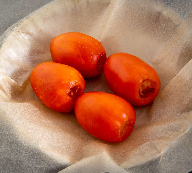 Roasting the tomatoes for the Chipotle Salsa