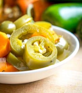 Pickled Jalapenos and Carrots in a small bowl