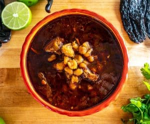 Bowl of Pozole Rojo with no garnishes
