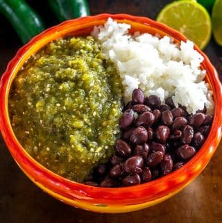 Keep some Chile Verde sauce in the fridge and you can whip up these Rice and Bean bowls in a matter of minutes. So good!!