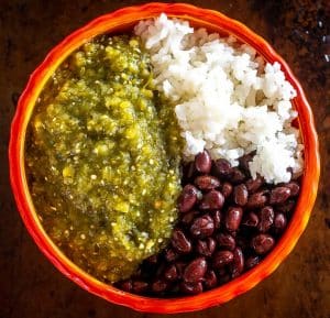Chile Verde bowl with rice and beans