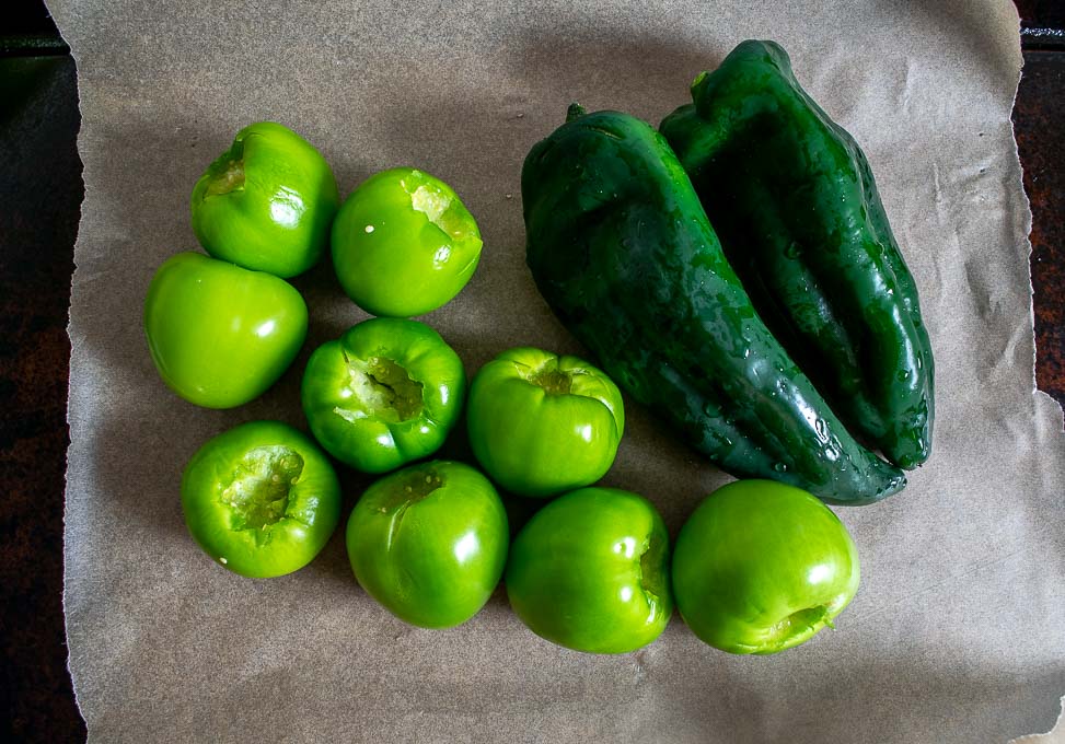 Roasting poblanos and tomatillos