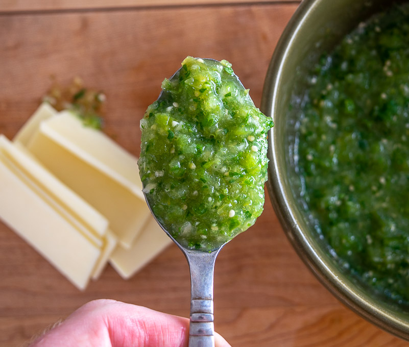Spoonful of freshly blended Salsa Verde