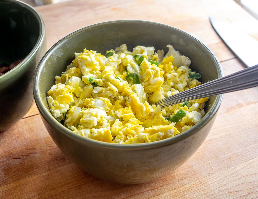 Scrambled eggs in a bowl for Breakfast Tacos