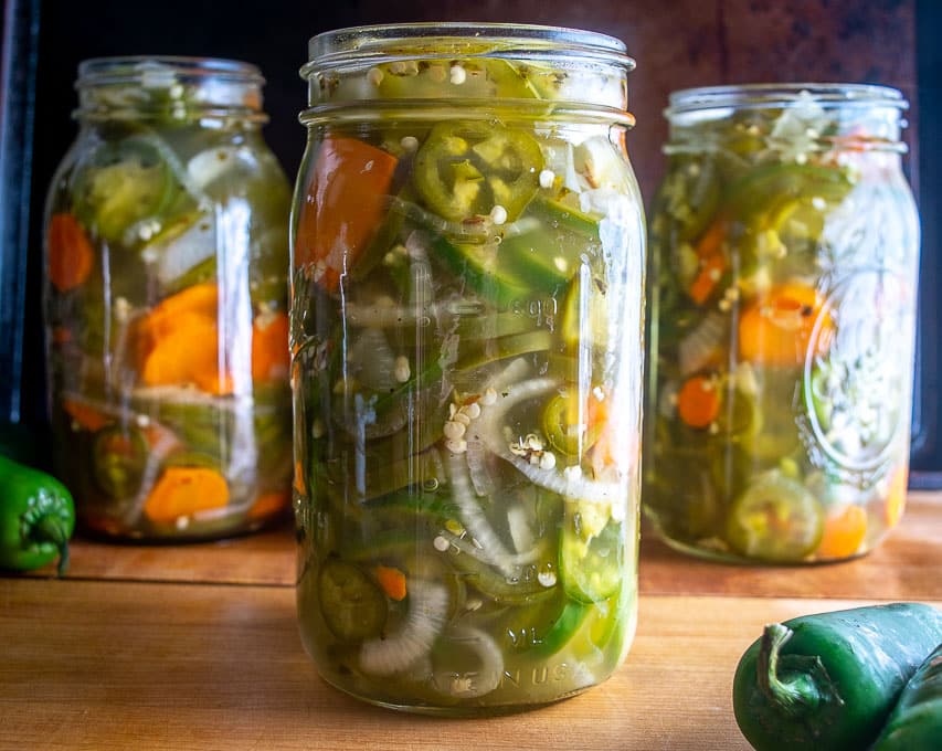 This recipe is perfect if you want to give away some Pickled Jalapenos to your friends and family! Start with 4 lbs. of jalapenos and you'll get four quarts of pickled heaven.