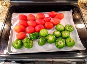 Roasting the tomatoes and tomatillos