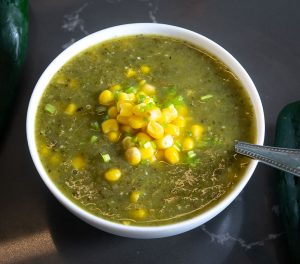 Here's an easy recipe for an awesome Corn Poblano Soup! Consider yourself warned though, it packs some heat!