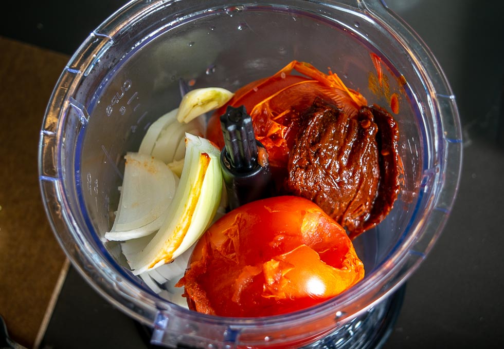 Ingredients for Tomato Chipotle Salsa in the blender